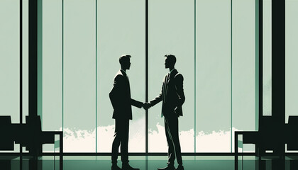 Two men shaking hands - Businessmen. Silhouettes of people in office. Generative AI