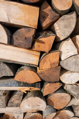 Fraxinus excelsior, known as the ash, or European ash, Firewood folded to dry in the yard.