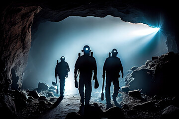 Silhouettes of miners in a helmet with lanterns in a dark cave exploration and geological work, coal mining, blue light. Generative AI