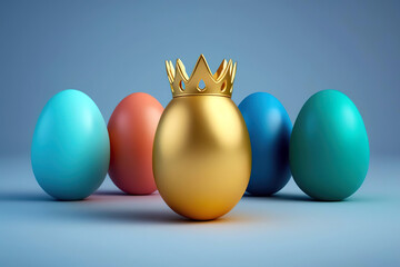 A royal golden egg with a crown is surrounded by colorful eggs against a soft blue background, symbolizing uniqueness and standing out.Happy Easter greeting card. AI generated.