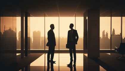 Fototapeta na wymiar Businessmen meeting. Silhouette of a man in a building. Cityscape in the background. Generative AI