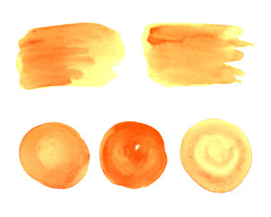 Orange yellow gold  watercolor circles and brush stroke for design. 