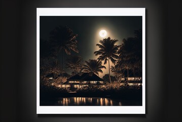 Dreamy panorama with palm trees and Seminyak Beach at night, shown as a holiday destination. Generative AI