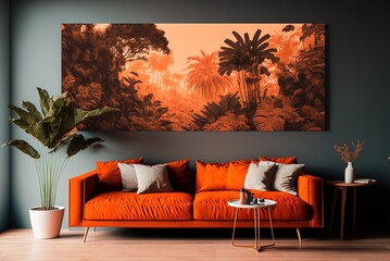 Stunning vista of an orange-tinged tropical jungle. Generative AI