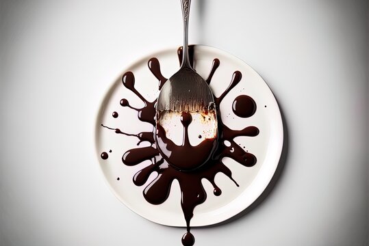 A chocolate-covered spoon sits on a white plate against a metal background in this overhead picture. Generative AI
