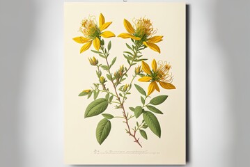 Herb of St. John (hypericum perforatum). Botanical drawing in black ink on white paper. Herbal remedies. Generative AI