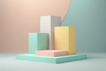 Obraz premium Podium, pastel colors background, platform, geometric composition, abstract template, blank pedestal. Minimal style for product branding. Empty space, mock up. Image is AI generated.
