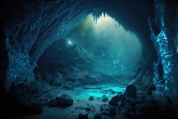 Fototapeta na wymiar blue crystals with water in a tunnel below earth Generative AI