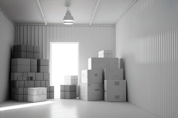 warehouse interior with pile stacked sealed cardboard boxes. storage room. Generative AI