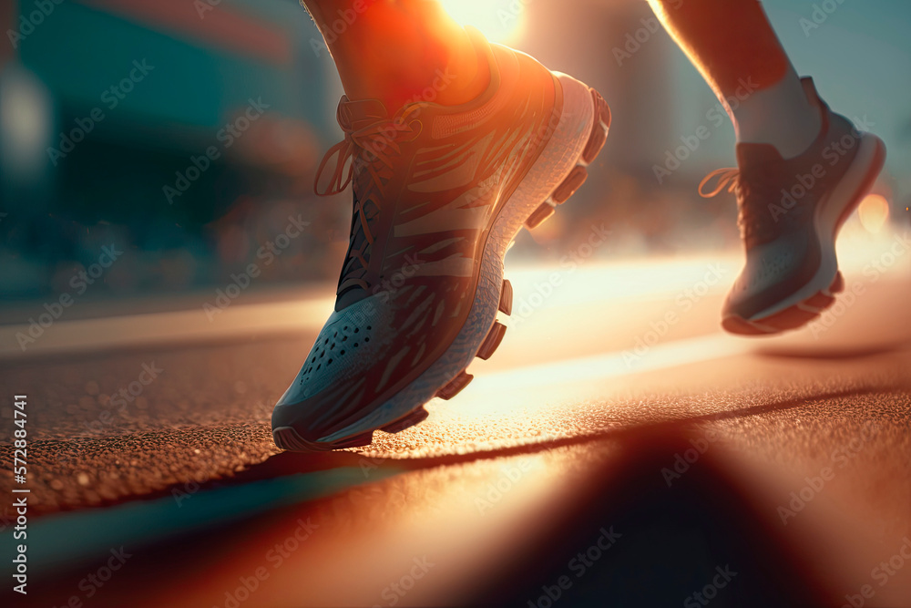 Wall mural Close-up of the feet of a runner in running shoes starting the race in an urban street with sunset light. Generative AI