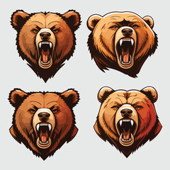 Angry bears head colorful concept illustration set