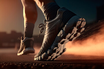 Close-up of the feet of a runner in running shoes starting the race in an urban street with sunset light. Generative AI