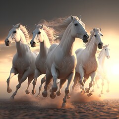 Obraz na płótnie Canvas white horses running together perspective view the sun , generative artificial intelligence