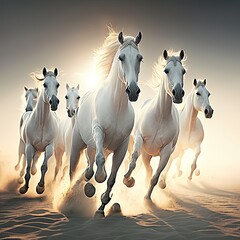 Naklejka na ściany i meble white horses running together perspective view the sun , generative artificial intelligence
