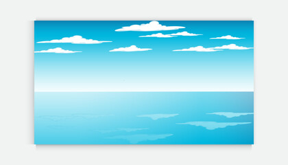 Blue Sky and sea landscape  Vector illustration. The front view in the morning sky is bright blue with clear white clouds. And the ocean deep indigo in daylight.  Mountain, Blue Sky reflecting 