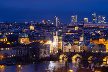 Evening view of the Charles Bridge and the center of Prague