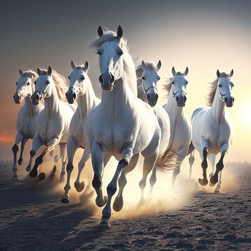 white horses running together perspective view the sun , generative artificial intelligence