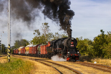 Fototapeta na wymiar a historic set of railway freight cars pulled by a steam locomotive