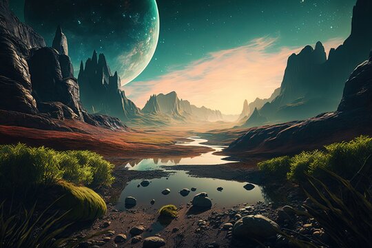 alien verdant warm valley river large planets, generative artificial intelligence 