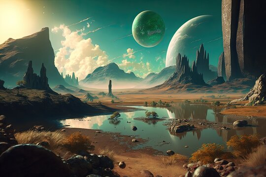 alien verdant warm valley river large planets, generative artificial intelligence 