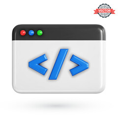 Program code development icon. Web coding or website programming concept. Web browser window or IDE application with program code. Realistic 3D vector illustration on a white background