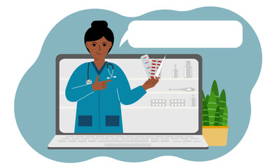 Online consultation or feedback concept. Laptop with a picture of a female pharmacist with medicines in his hand.