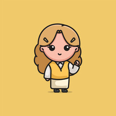 Cute beautiful blonde wavy hair woman smiling fist up with yellow vest cartoon character illustration vector isolated