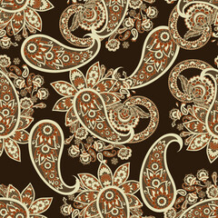 Hand drawn floral paisley seamless vector pattern. Batik style fabric