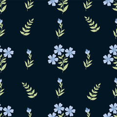 Floral seamless pattern with blue decorative cornflower on dark blue background. Vector illustration. Botanical pattern