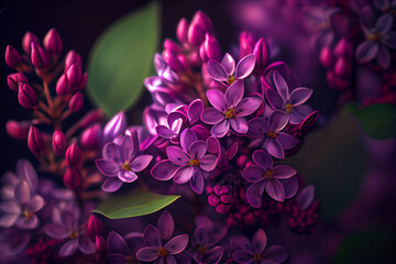 Purple lilac flowers close-up, fresh spring lilac on bush tree, spring festival, decor. Generative AI