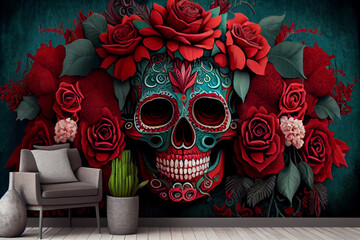 Mexican-style sugar skull and red roses decoration, Generative ai
