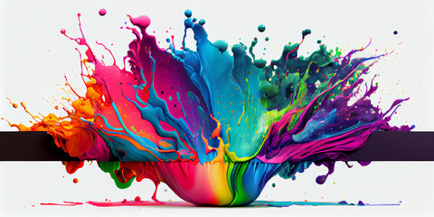 panorama Exploding liquid paint in rainbow colors with splashes illustration, generative ai