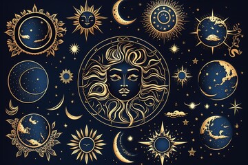 Drawing of golden stars, moon, planets, constellations on a blue background, mystical. drawing for tarot cards, fantasy magic space. Generative AI