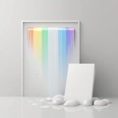 Background for product presentation, waterfall of mist and rainbows AI generation.