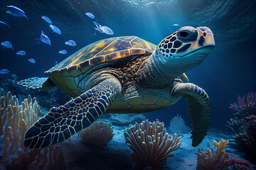 Naklejka na ściany i meble Colorful illustration of a sea turtle swimming over coral reefs, Underwater sea turtle strange marine animal underwater turtle, generative ai,