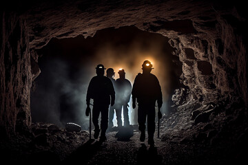 Silhouettes of miners in a helmet with lanterns in a dark cave exploration and geological work, coal mining, warm light. Generative AI