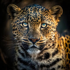 Naklejka na ściany i meble Close up of Amur leopard - Safari Snapshot Nature's Portrait Animal Natural Lighting. Generative AI 