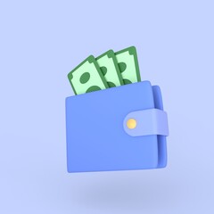 3d render money wallet icon and green banknote. isolated on blue background. business financial money saving concept.