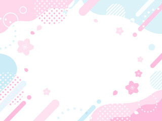 春　桜　ピンク　水色　ポップ 　ウェーブ　フレーム　背景