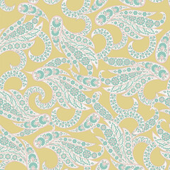 Floral fabric background with paisley ornament. Seamless illustration pattern
