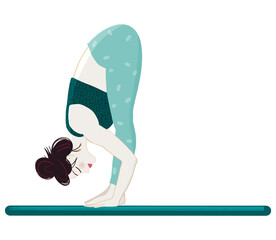 Female yoga practitioner in uttanasana pose. Stork pose. Woman bending forward, surrounded by tree leaves doing yoga outside. Handmade illustration. Isolated image