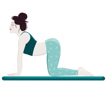 Yoga woman. Women practising cat pose. Cow pose yoga. Woman surrounded by tree leaves doing yoga outside. Handmade illustration. Isolated image