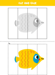 Cut and glue game for kids. Cute yellow butterfly fish.