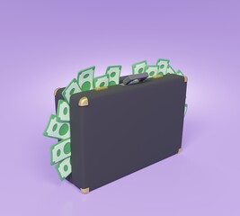 full of banknotes coming out from closed black suitcase. isolated on purple background. business money finance concept. cartoon 3d render.