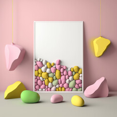 Background for product presentation, pink rainbows and green spirals, yellow rocks and pink stones AI generation.
