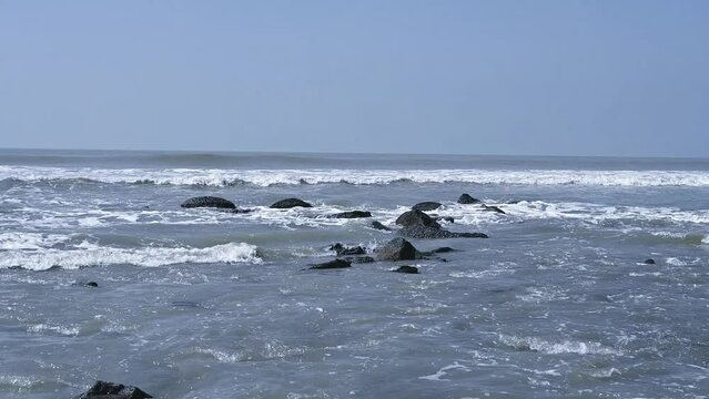 The Cox's Bazar of Bangladesh Big waves are seen in the sea and big rocks are seen on the sea shore