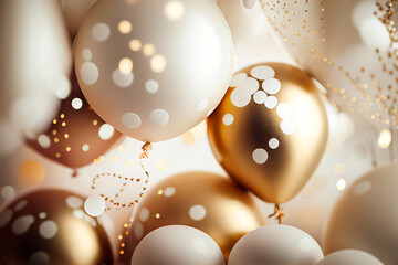 Anniversary background with golden, white balloons, confetti, sparkles, lights. Banner for wedding invitation, birthday, party, Christmas, New Year, promotion social media cover. Generative Ai