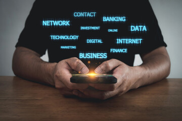 Digital. business people hand using mobile smart phone with virtual graphic word diagram, business finance, digital marketing, internet connection, social media, digital online technology concept