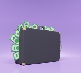 full of banknotes coming out from closed black suitcase. isolated on purple background. business money finance concept. cartoon 3d render.