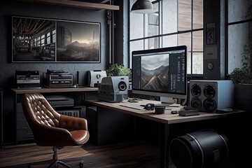 Office interior in a loft style in dark colors using wood, a computer with a workplace, a designer space. Generative AI